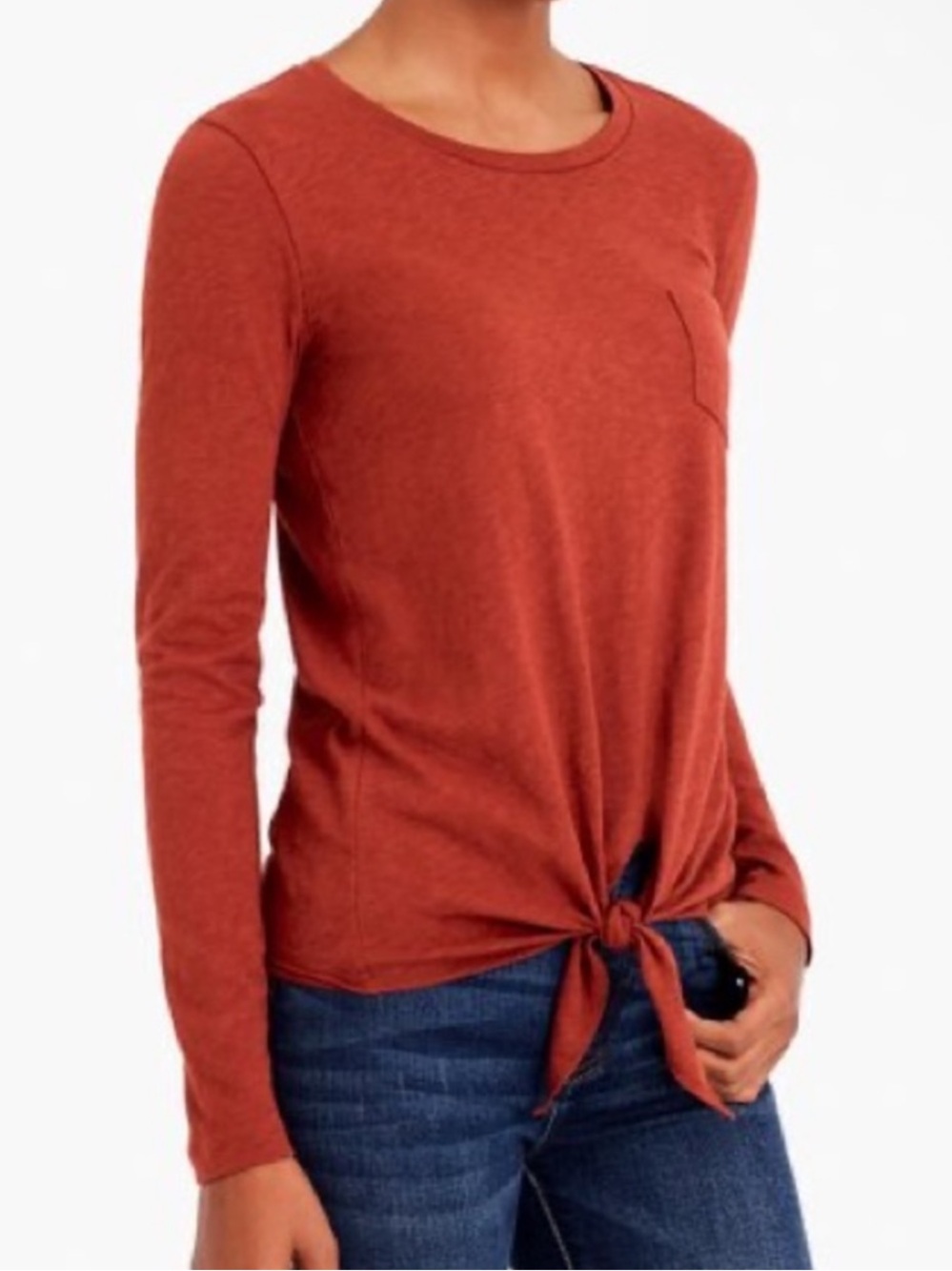 J. Crew Mercantile Tie Front Long Sleeve Top Brick Orange Pocket